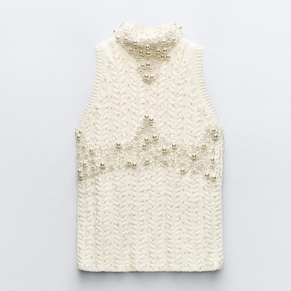 Zara White Knit Tank Top with Pearl Details